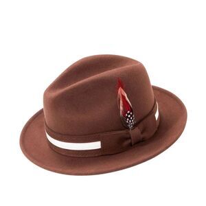 MONTIQUE MEN'S BROWN FELT FEDORA WITH WHITE BAND AND RED FEATHER. H100